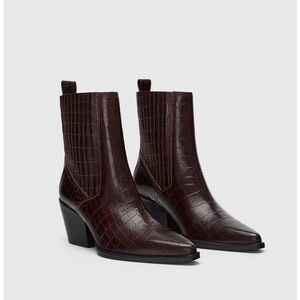 Zara Burgundy Croc-Embossed Leather Ankle Boots